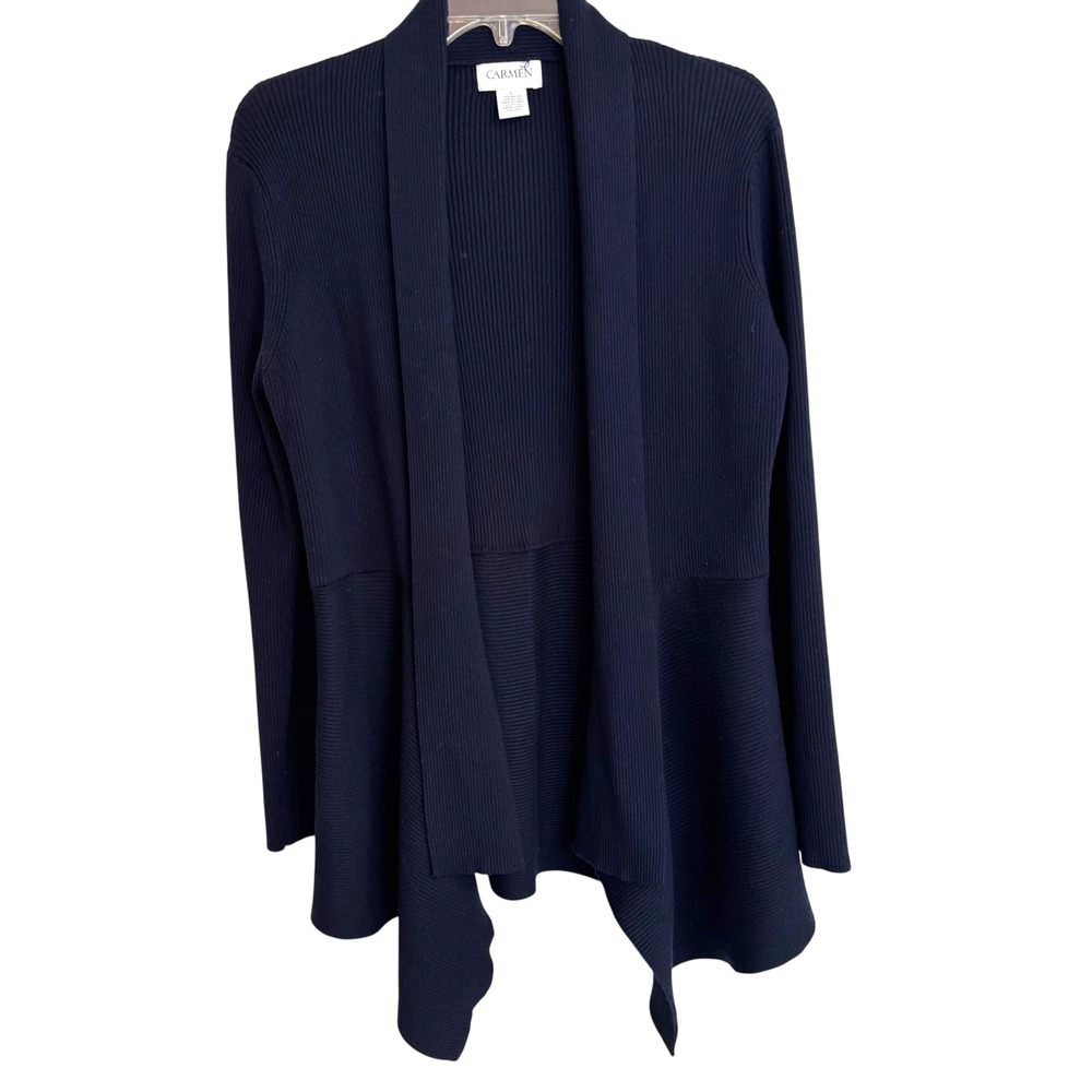 Carmen Marc Valvo Navy Blue Ribbed Open Front Draped Cardigan Sweater Large